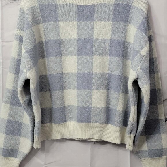 Dazy Women's XL Blue Cream Buffalo Plaid Drop Shoulder Oversized Knit Sweater - Picture 3 of 7